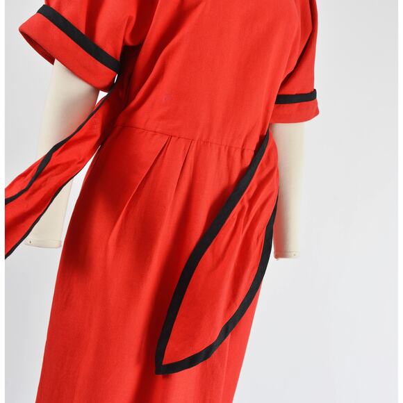 Vintage 80s Red and Black Linen Tie Front High Waisted Sheath Dress M - Picture 5 of 9